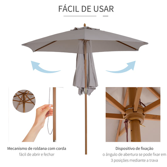 Outsunny Chapéu de Sol de Madeira Ø250x230 cm para Exterior com 6 Hastes Sistema de Corda com Fixação Desmontável Portátil Fácil de Guardar e Transportar Cinza