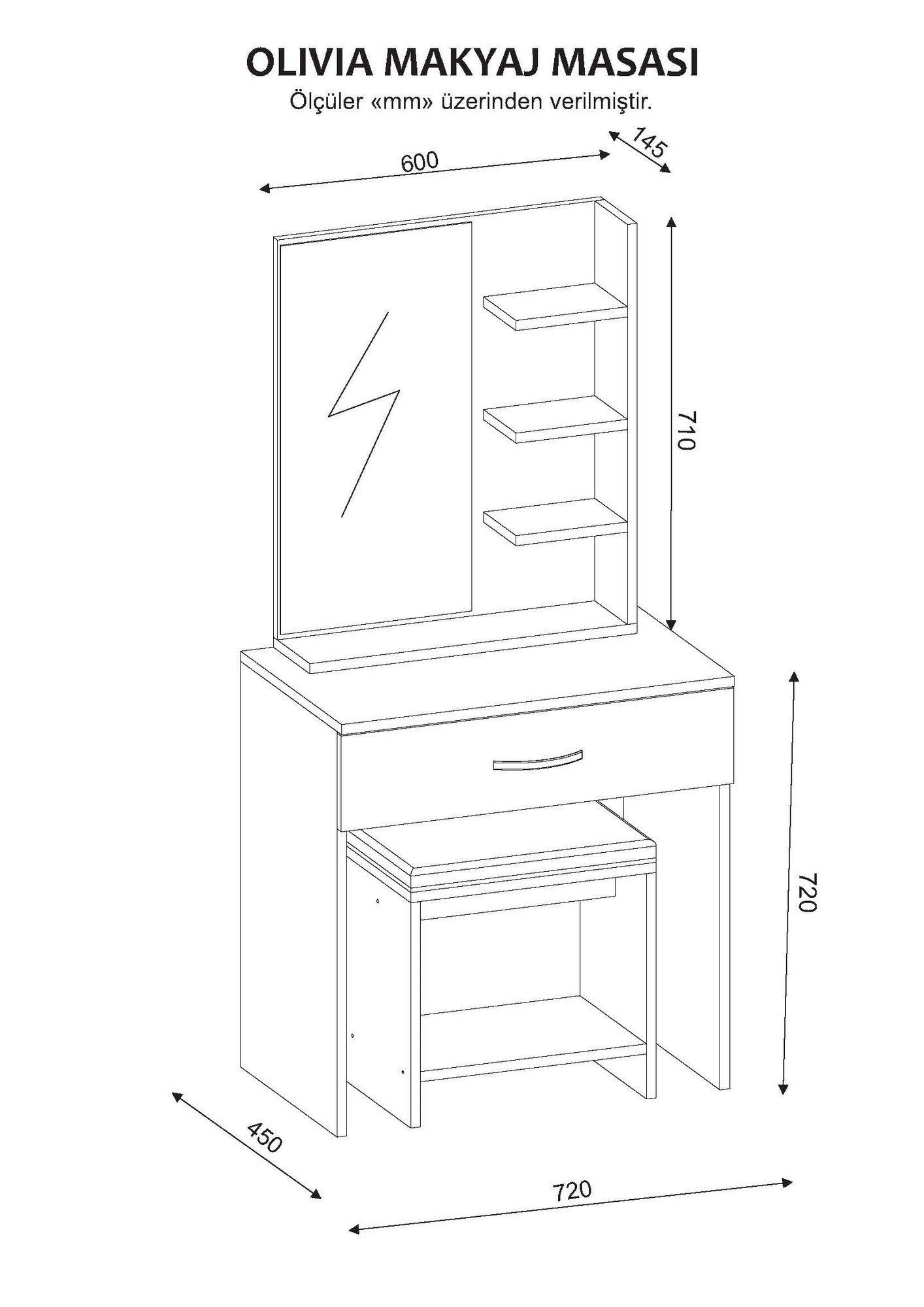 Toucador "Olivia" com Espelho e Banco – 72x45x143 cm – Branco e Nogueira – Design Moderno