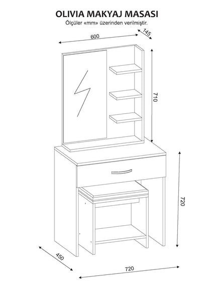 Toucador "Olivia" com Espelho e Banco – 72x45x143 cm – Branco e Nogueira – Design Moderno