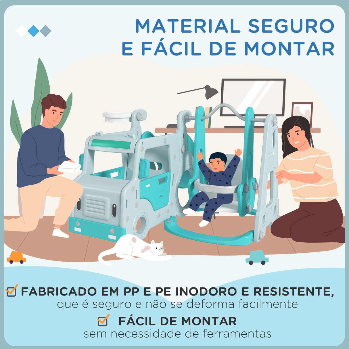 AIYAPLAY Conjunto de Escorrega e Baloiço para Crianças 6 em 1 Baloiço Infantil de 18-48 Meses Escorregador para Bebés com Buzina e Cesta de Basquetebol Carga 50 kg 201x151x87,5 cm Azul Claro