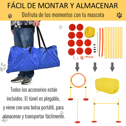 PawHut 4 Obstáculos de Treinamento para Carro Conjunto de Agilidade para Animal de Estimação Altura Ajustável de Aço com Túnel de Pólos e Saco de Transporte Amarelo