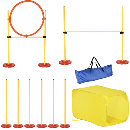 PawHut 4 Obstáculos de Treinamento para Carro Conjunto de Agilidade para Animal de Estimação Altura Ajustável de Aço com Túnel de Pólos e Saco de Transporte Amarelo