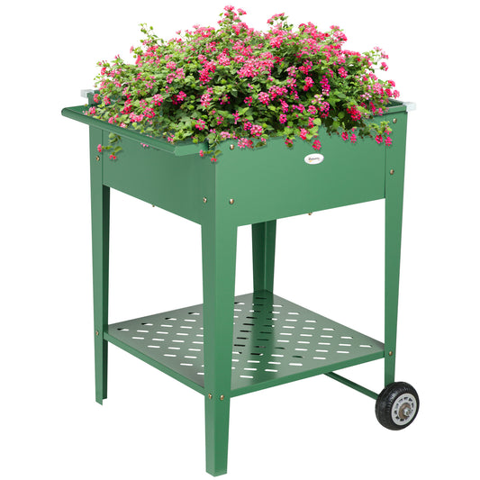 Outsunny Horta Vertical Elevada com Rodas Floreira de Exterior de Aço Galvanizado 64x55x79 cm com Prateleira e Alça Lateral para Cultivo de Plantas Flores Verduras Verde