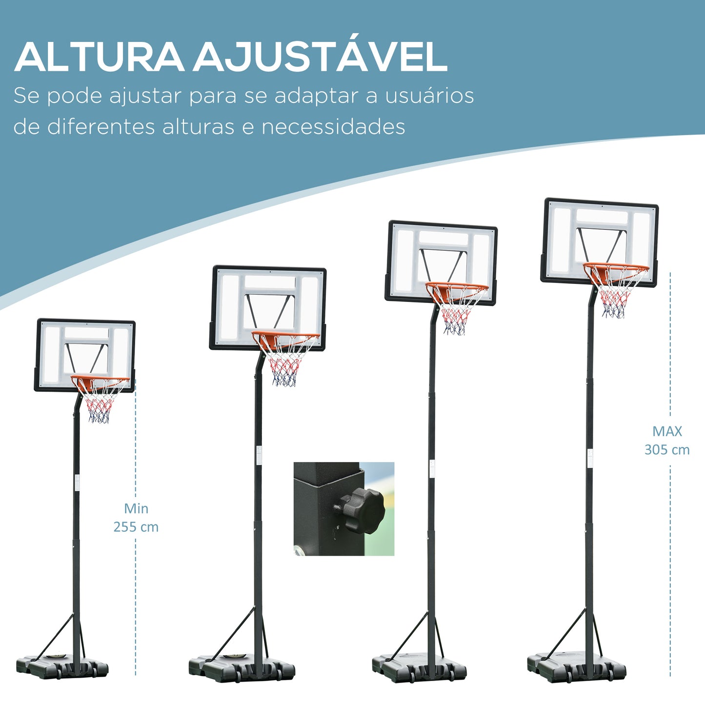 HOMCOM Tabela de Basquetebol com Suporte Portátil Aro de Ajustável em Altura com Base Recarregável para Crianças e Adultos 86x165x302-352cm Preto