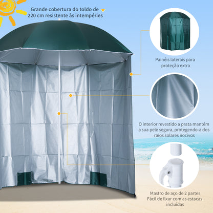 Outsunny Chapéu de Sol de Praia com Painel Lateral Ø220x220 cm Chapéu de Sol com Manivela Manual 8 Hastes de Aço e Bolsa de Transporte para Jardim Piscina Verde