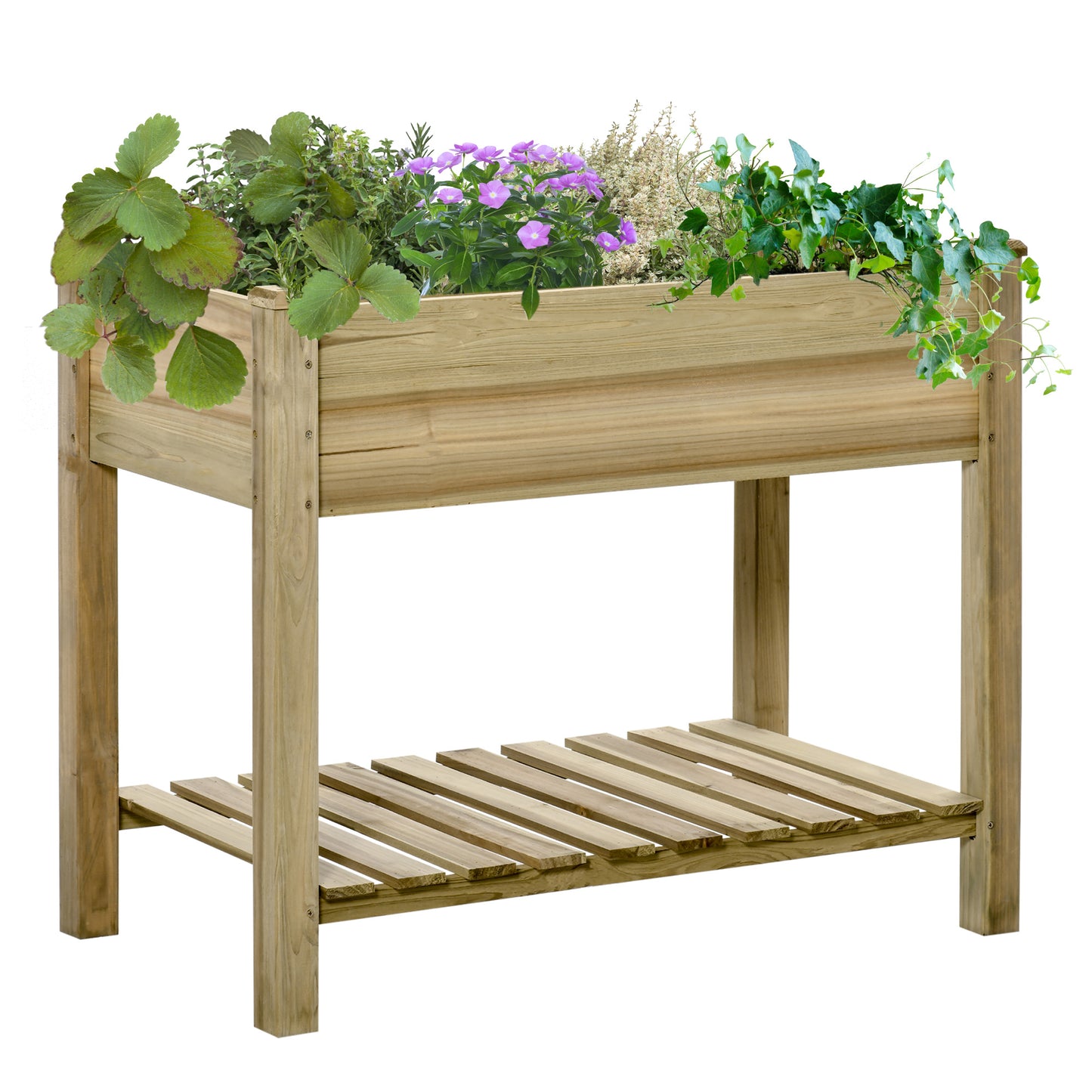 Outsunny Horta Vertical de Madeira com Prateleira 91x51x76cm Mesa de Cultivo Retangular com Orifícios de Drenagem para Cultivos de Plantas Jardim Terraço Exterior Madeira Natural