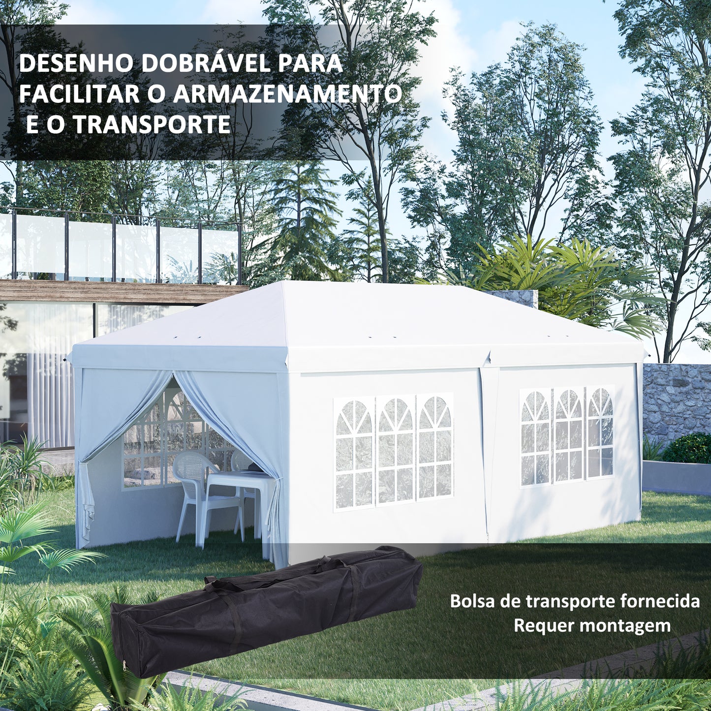 Outsunny Tenda Dobrável 6x3 m Tenda de Jardim com 6 Painéis 2 Portas com Fecho de Correr 4 Janelas e Bolsa de Transporte para Exterior Terraço Campismo Festas Branco