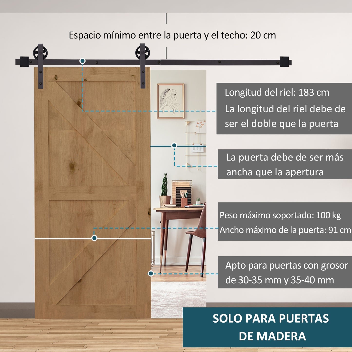 HOMCOM 67T/183cm Ferragens para Porta Corredeira Kit de Acessórios para Porta Corredeira de Madeira com Guia de Chão Trilho de Aço de Carbono Café Escuro