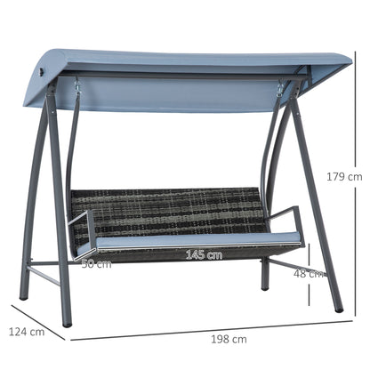 Outsunny Baloiço de Jardim de Vime PE com 3 Lugares Estrutura de Metal Almofada Toldo Ajustável Balcão Terraço Patio Carga Máx. 360kg 198x124x179cm Cinza