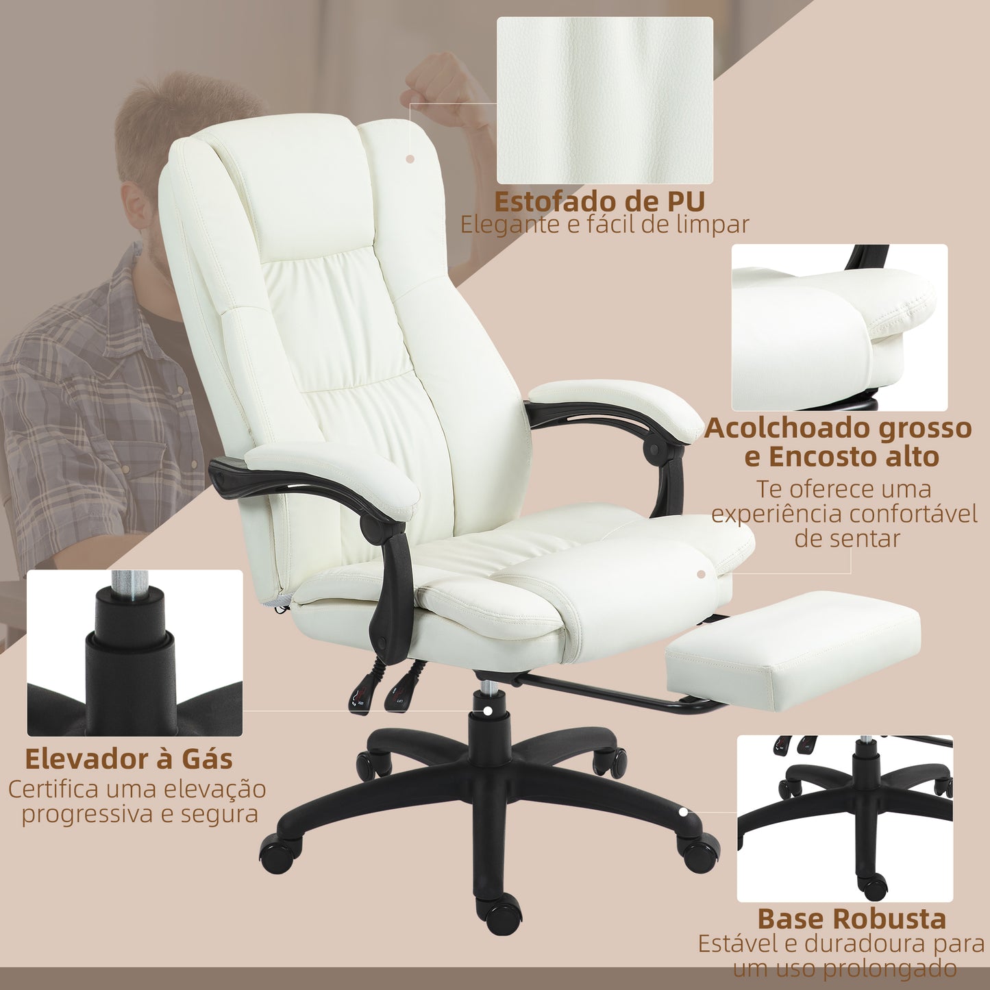 Vinsetto Cadeira de Escritório Giratória Cadeira de Escritório com Altura Ajustável 6 Pontos de Massagem Controle Remoto e Apoio para os Pés Retrátil 68,5x68,5x113-121cm Creme