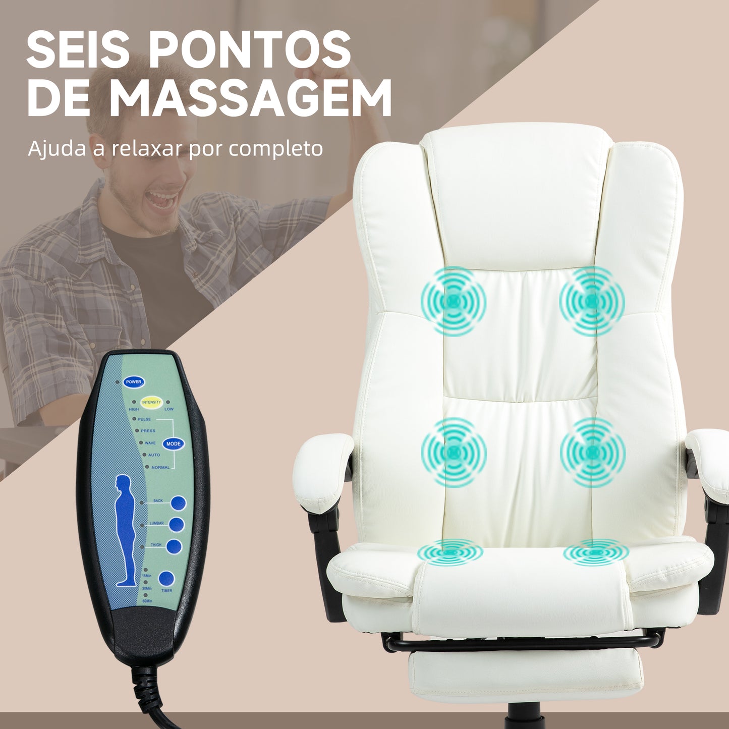 Vinsetto Cadeira de Escritório Giratória Cadeira de Escritório com Altura Ajustável 6 Pontos de Massagem Controle Remoto e Apoio para os Pés Retrátil 68,5x68,5x113-121cm Creme