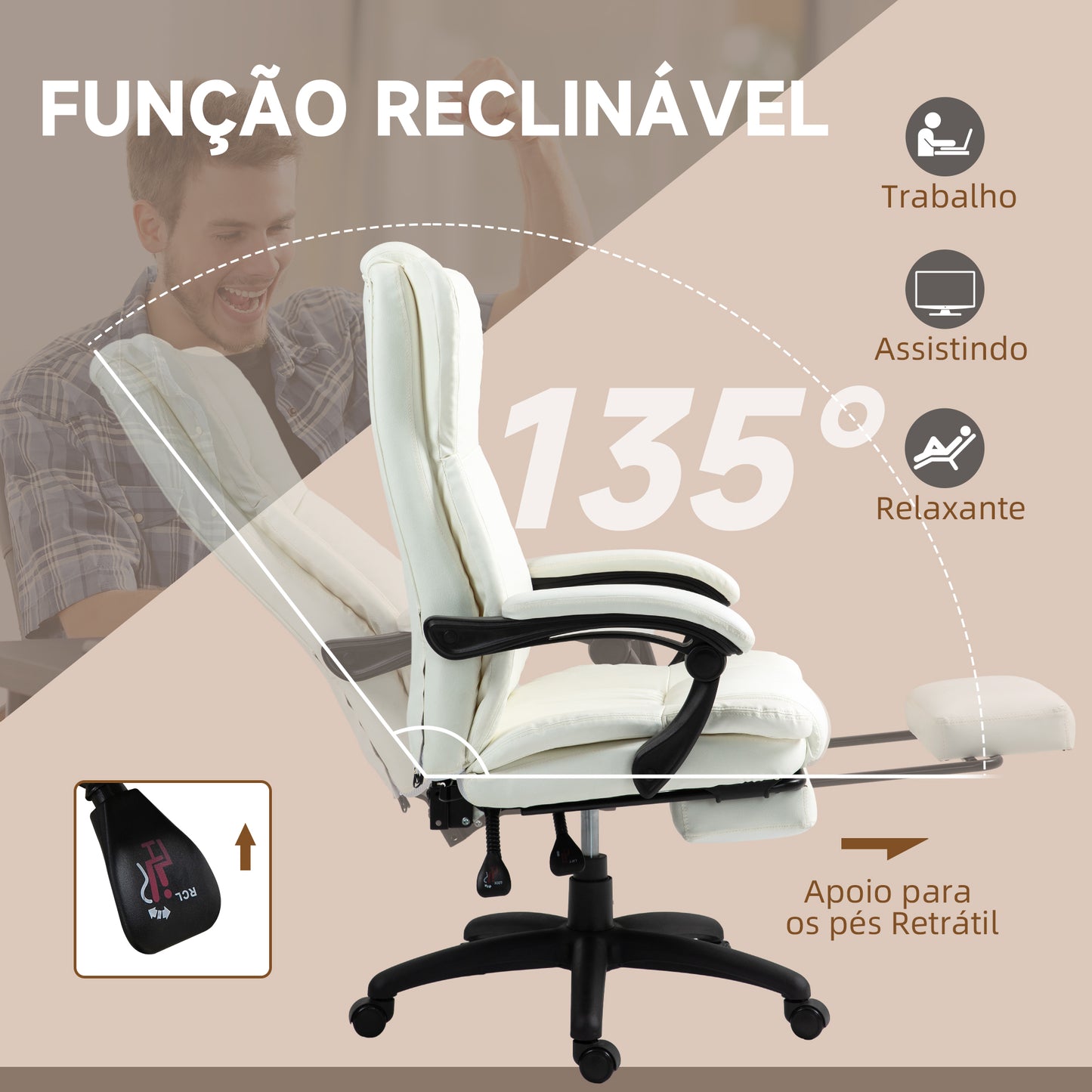 Vinsetto Cadeira de Escritório Giratória Cadeira de Escritório com Altura Ajustável 6 Pontos de Massagem Controle Remoto e Apoio para os Pés Retrátil 68,5x68,5x113-121cm Creme