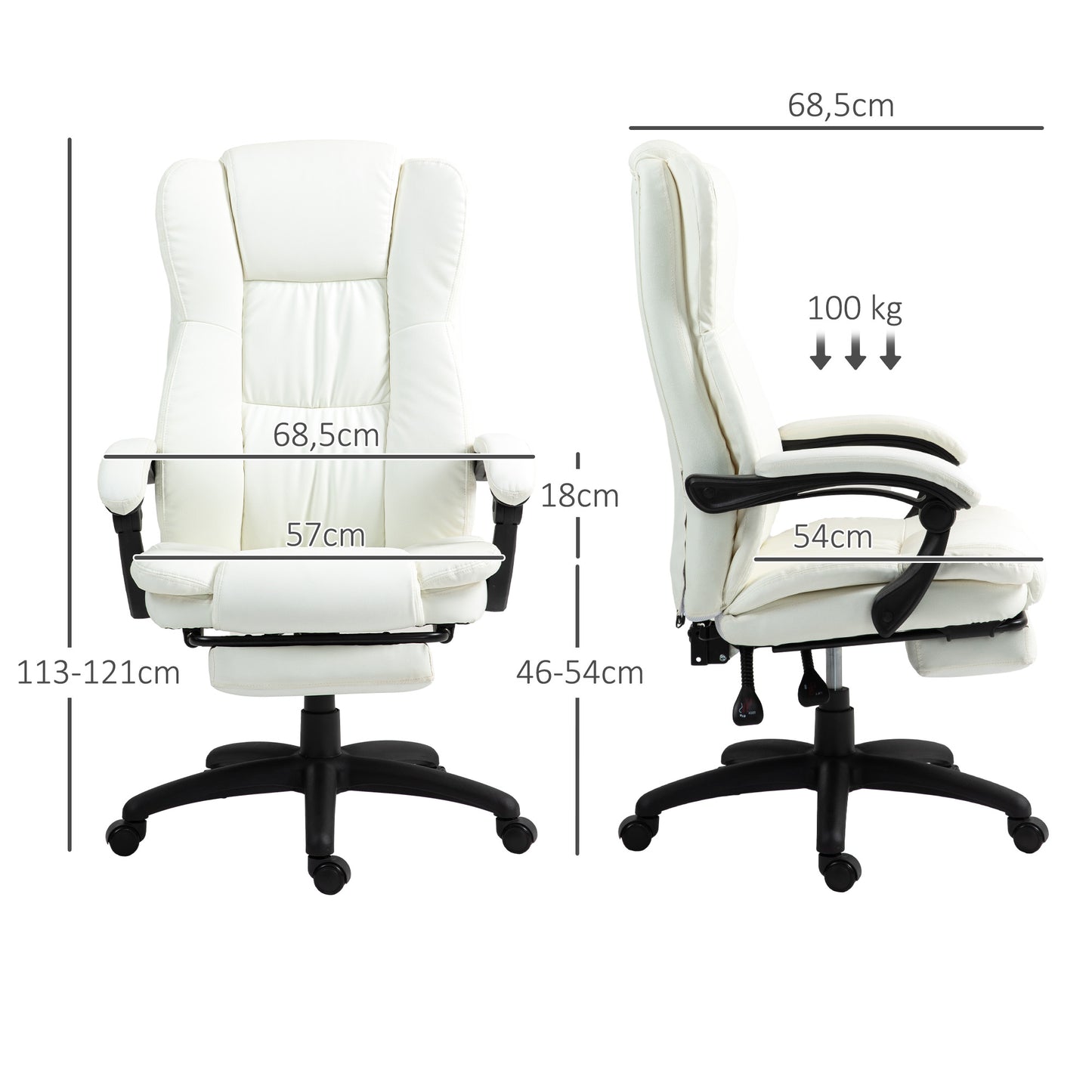 Vinsetto Cadeira de Escritório Giratória Cadeira de Escritório com Altura Ajustável 6 Pontos de Massagem Controle Remoto e Apoio para os Pés Retrátil 68,5x68,5x113-121cm Creme