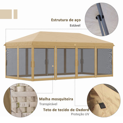 Outsunny Tenda para Festas 6x3 m Tenda de Jardim com 6 Mosquiteiros Bolsa de Transporte e Estrutura de Aço para Campismo Festas Bege