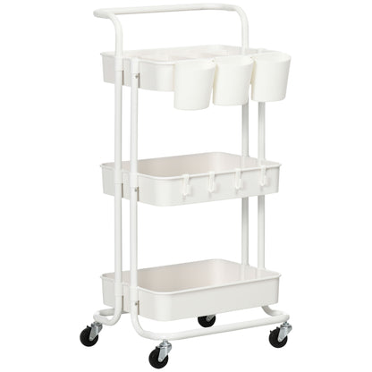 HOMCOM Carrinho de Cozinha de Aço Carrinho de Armazenamento com 4 Ganchos 3 Cestas Removíveis 3 Caixas Suspensas e Travões para Casa de Banho Sala de Estar Dormitório 42x38x86,5 cm Branco