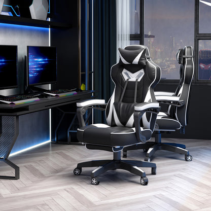 Vinsetto Cadeira de escritorio gaming ergonômica Altura ajustável Reclinável Encosto com apoio para pés Encosto de cabeça Almofada lombar Rodas 65x70x118,5-126,5 cm Branco e Preto