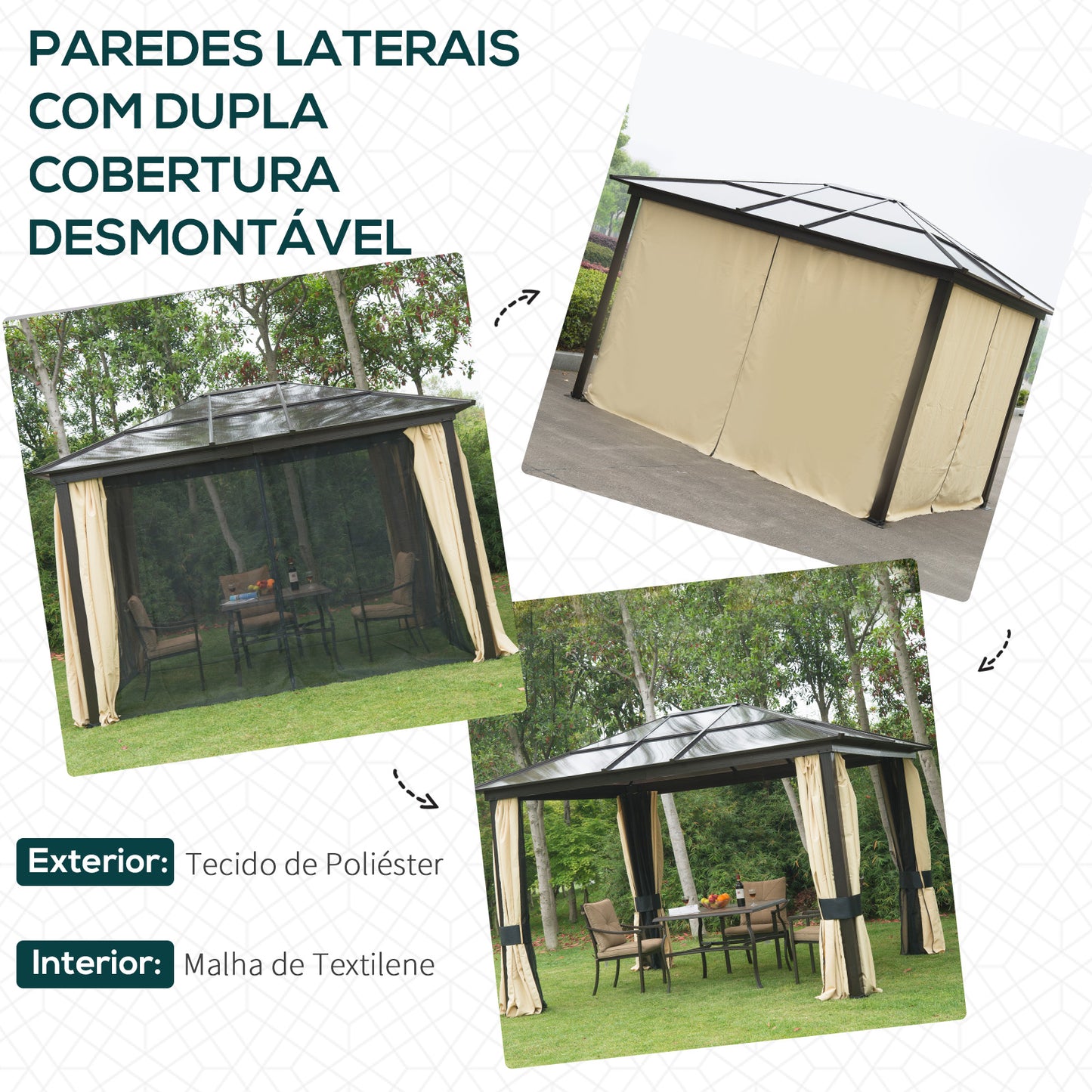 Outsunny Pérgola para Jardim 3x3,6m Pérgola para Exterior Anti UV Teto de Policarbonato e Mosquiteira Integrada Bege e Marrom