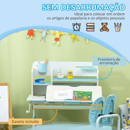 HOMCOM Conjunto de Secretária e Cadeira para Crianças acima de 3 Anos com Altura Ajustável Gaveta Prateleiras e Bancada Inclinável 80x52x88-109 cm Azul e Branco