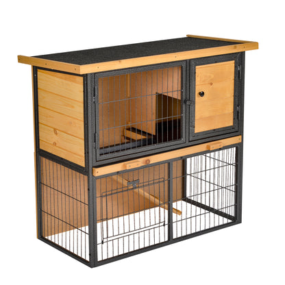 PawHut Coelheira de Exterior de Madeira para Animais Pequenos 2 Níveis com Rampa Bandeja Removível Portas com Fechaduras 89,5x45x81 cm Madeira e Cinza