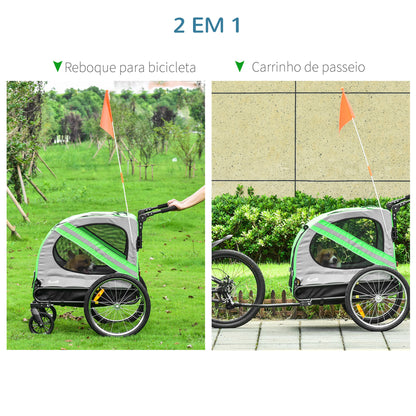 PawHut Reboque de Bicicleta para Cães 2 em 1 Transporte para Animais de Estimação com Porta Enrolável Janelas Cinto de Segurança Bandeira e 6 Refletores 134x73x108cm Verde