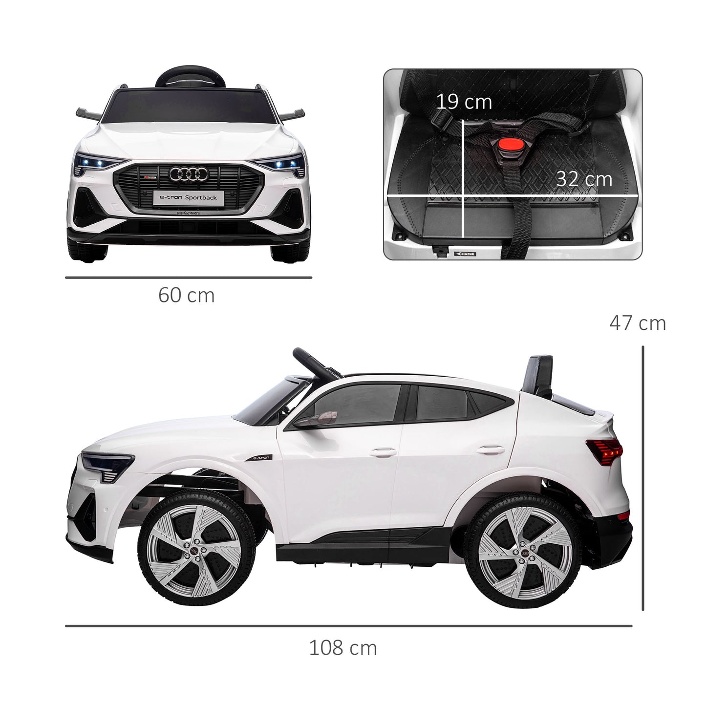 HOMCOM Carro Elétrico Audi E-Tron 12V para Crianças acima de 3 Anos com Controle Remoto Faróis Buzina Música MP3 TF USB e Abertura da Porta 3-8km/h 108x60x47cm Branco