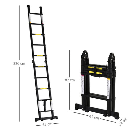 Escada Telescópica dobrável Multifuncional estavél quadro em A portátil de 10 passos 3 formas Carga 150kg Preto Alumínio 320x67x7