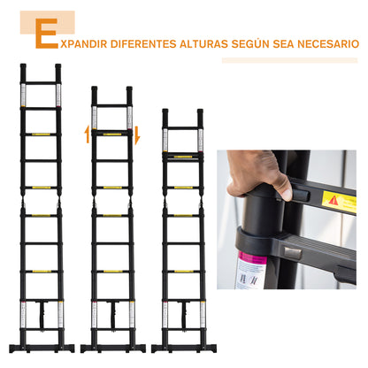 Escada Telescópica dobrável Multifuncional estavél quadro em A portátil de 10 passos 3 formas Carga 150kg Preto Alumínio 320x67x7