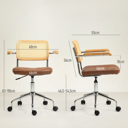 Cadeira de Escritório Giratória Cadeira de Escritório com Altura Ajustável Função Basculante e Encosto de Vime Sintético Cadeira de Estúdio Carga 120 kg 60x55,5x82-90 cm Marrom