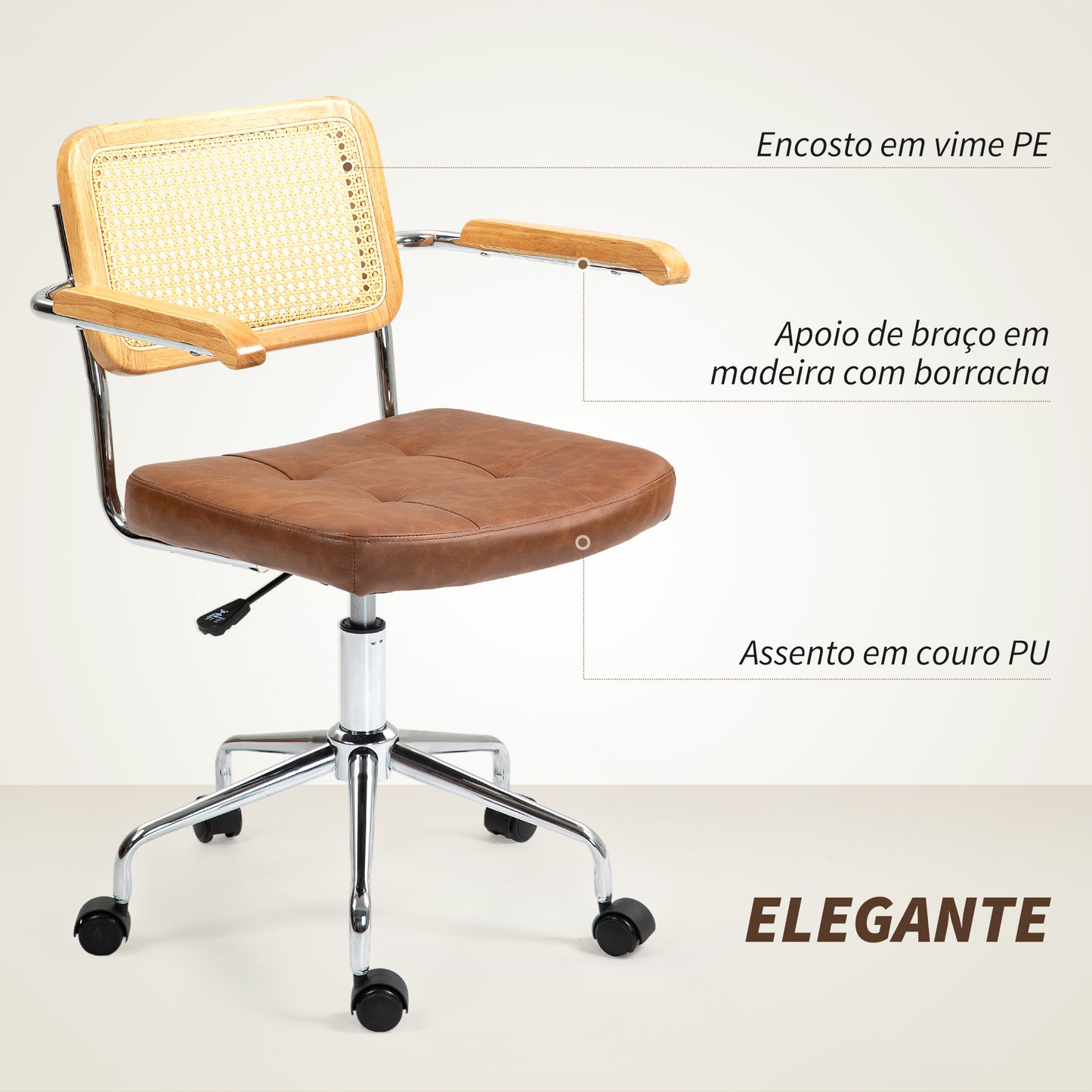 Cadeira de Escritório Giratória Cadeira de Escritório com Altura Ajustável Função Basculante e Encosto de Vime Sintético Cadeira de Estúdio Carga 120 kg 60x55,5x82-90 cm Marrom