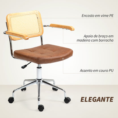 Cadeira de Escritório Giratória Cadeira de Escritório com Altura Ajustável Função Basculante e Encosto de Vime Sintético Cadeira de Estúdio Carga 120 kg 60x55,5x82-90 cm Marrom