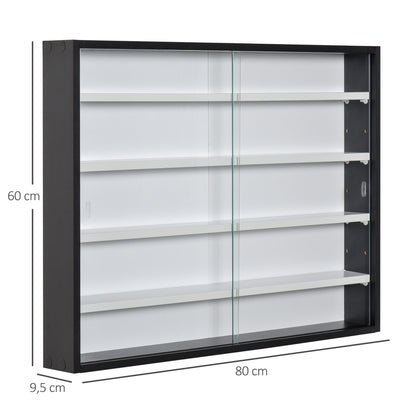 HOMCOM Vitrine de Parede de Madeira com Prateleiras Ajustáveis e 2 Portas Corredeiras de Vidro para Coleções Perfumes Bonecos de Decoração 80x9,5x60cm Preto