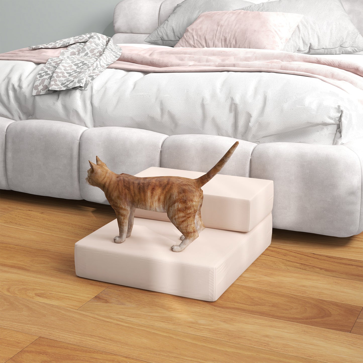 PawHut Escada para Animais de Estimação de 2 Degraus 2 em 1 Cama para Cães Gatos Estofada em PU Removível e Lavável com Zíper 45x39x20cm Bege