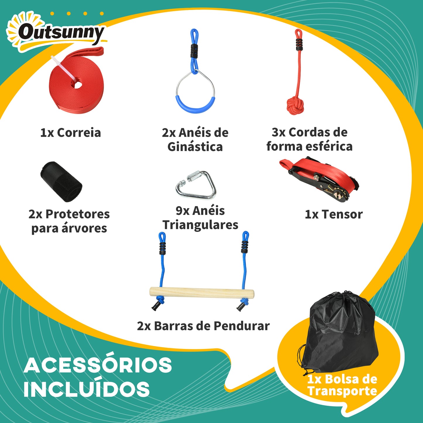 Outsunny Circuito de Obstáculos Ninja para Crianças Conjunto de Treinamento de Obstáculos com Corda de 10 m Barras de Madeira Anéis de Ginástica Protetor de Árvore e Bolsa de Transporte Multicor