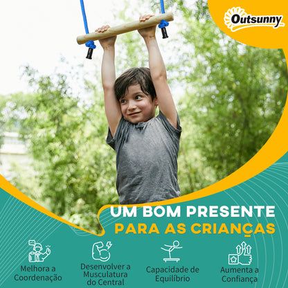 Outsunny Circuito de Obstáculos Ninja para Crianças Conjunto de Treinamento de Obstáculos com Corda de 10 m Barras de Madeira Anéis de Ginástica Protetor de Árvore e Bolsa de Transporte Multicor