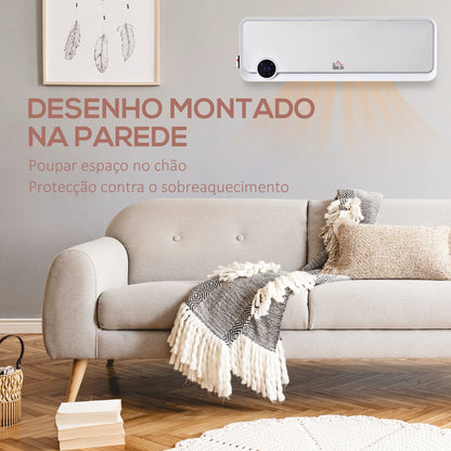 HOMCOM Aquecedor Cerâmico de Parede 1000W/2000W com Controle Remoto Tela LED Temporizador de 12h Termostato e Proteção contra Superaquecimento 56x18,5x11,7cm Branco