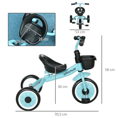 AIYAPLAY Triciclo para Crianças de 2 a 5 anos Triciclo Infantil com Assento Ajustável Cesta Buzina e Pedais e 3 Rodas Carga Máxima 25 kg 70,5x50x58 cm Azul