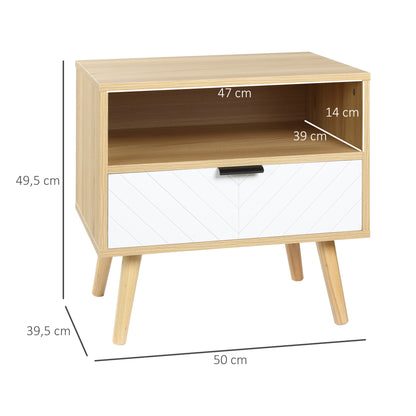 HOMCOM Mesa de Cabeceira de Estilo Moderno Mesa Auxiliar com 1 Gaveta e 1 Prateleira Aberta para Quarto Sala Escritório 50x39,5x49,5 cm Natural