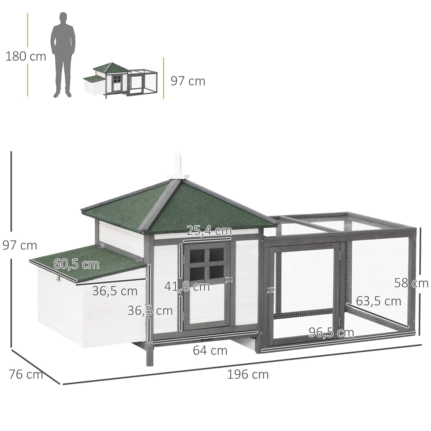 PawHut Galinheiro de Madeira de Abeto para Galinhas Exterior com Caixa Ninho Bandeja Removível e Espaço para Correr 196x76x97 cm Cinza