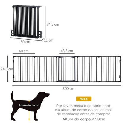 PawHut Barreira de Segurança para Animais de Estimação Barreira Dobrável de 5 Painéis com Fechadura Inteligente para Corredor Escada 300x74,5 cm Preto