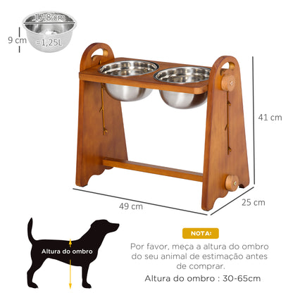 PawHut Comedouro Elevado para Cães com 2 Tigelas de 1250ml e Altura Ajustável em 4 Níveis Comedouro para Animais de Estimação com Tigelas de Aço Inoxidável e Base Antiderrapante 49x25x41cm Marrom