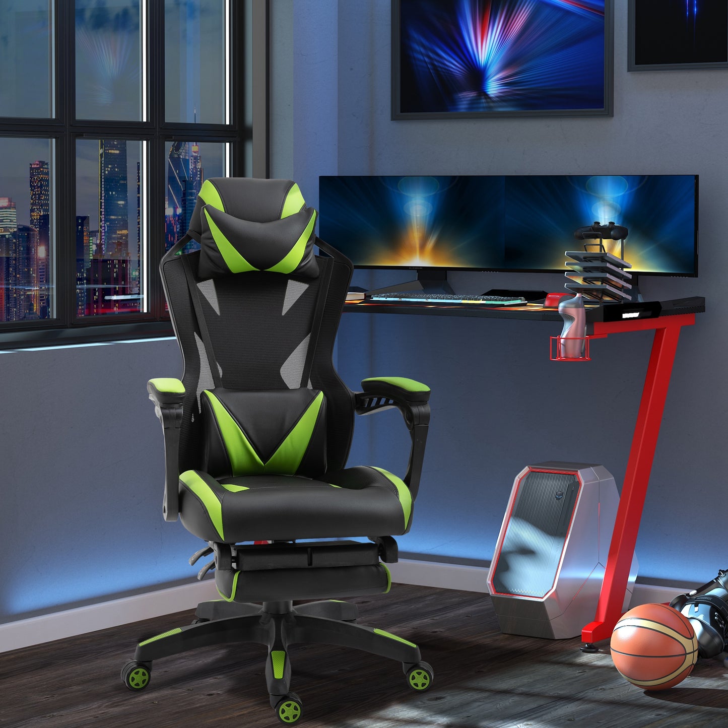 Vinsetto Cadeira Gaming Ergonómica Cadeira Gaming para Escritório com Altura Ajustável Encosto Regulável Almofada Lombar Apoio para os Pés Retráteis 65x70x117-125cm Verde