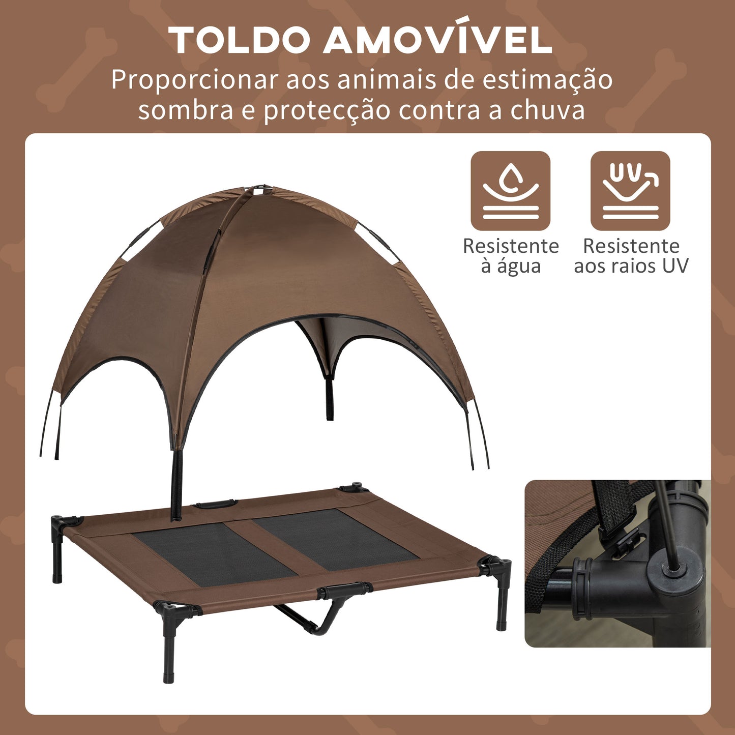 PawHut Cama Elevada para Animais de Estimação Portátil com Toldo Amovível Tecido Respirável para Interior e Exterior 92x76x90cm Marrom