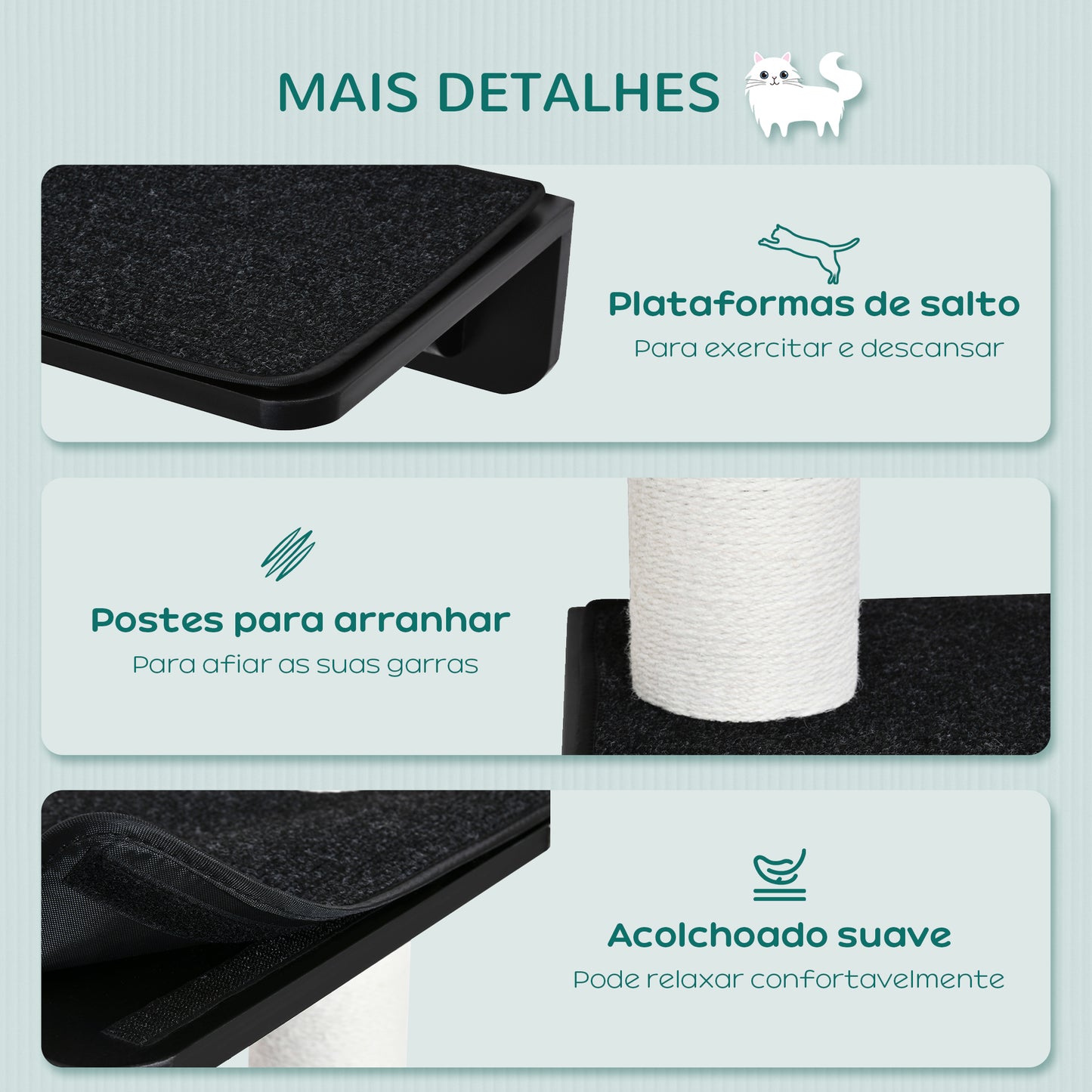 PawHut Árvore para Gatos de Parede com 3 Plataformas Almofada Removível e 2 Postes de Arranhar de Juta Torre para Escalar 63x28x93,5cm Preto e Bege