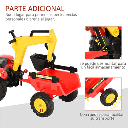 HOMCOM Trator de pedais com reboque escavadeira com pá frontal de brinquedo de condução para crianças acima de 3 anos Direção e pás de fácil controle Suporta até 35 kg 179x42x59 cm Vermelho