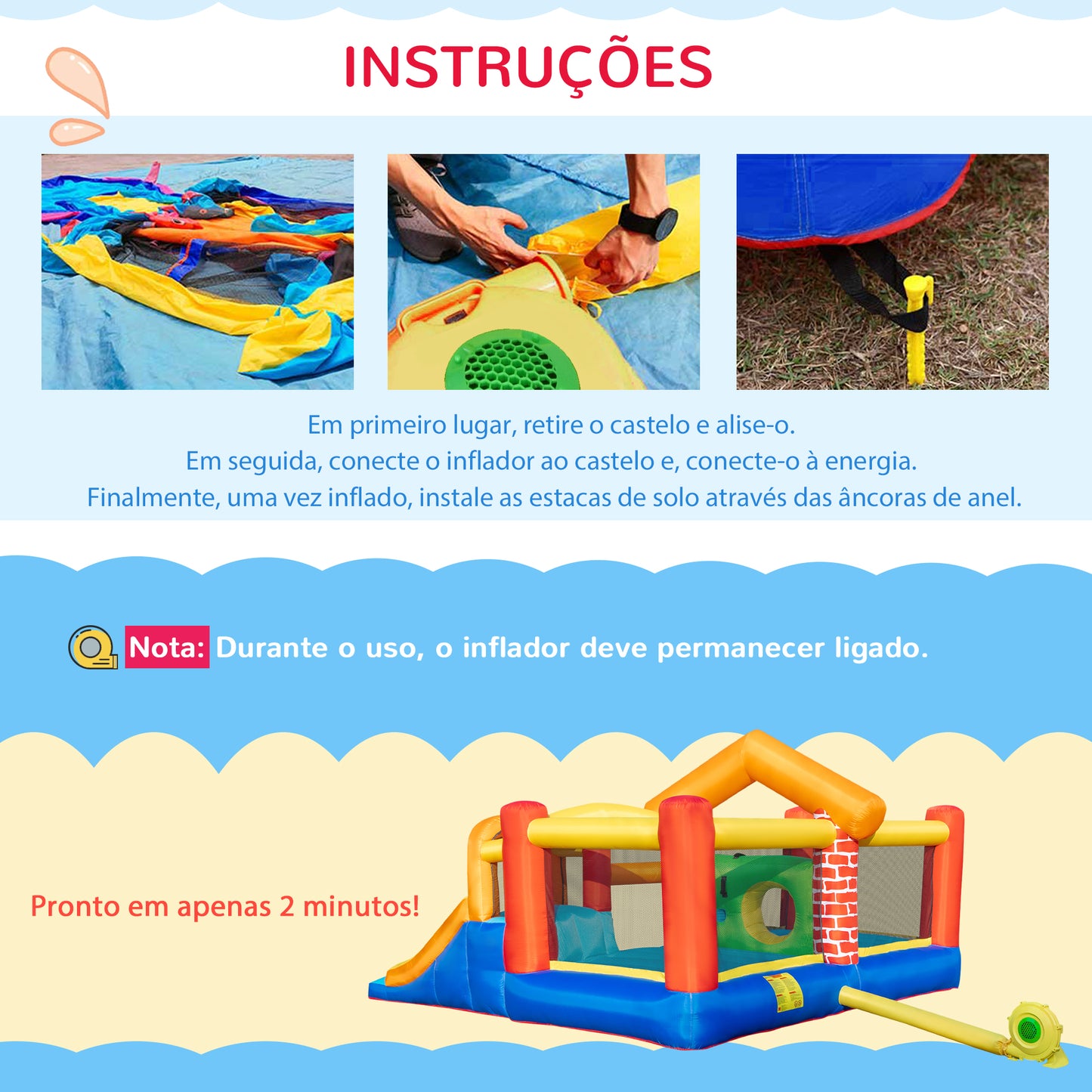 Outsunny Castelo Insuflável com 2 Escorregas 2 Trampolins e Piscina para Crianças acima de 3 Anos Inclui Inflador e Bolsa de Transporte para Interior Exterior 380x370x230cm Multicor