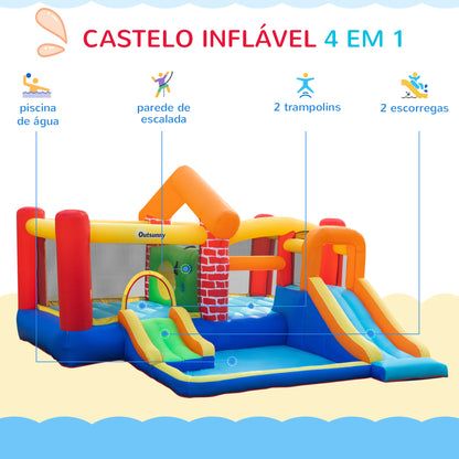 Outsunny Castelo Insuflável com 2 Escorregas 2 Trampolins e Piscina para Crianças acima de 3 Anos Inclui Inflador e Bolsa de Transporte para Interior Exterior 380x370x230cm Multicor