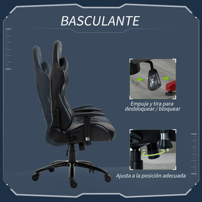 Vinsetto Cadeira de Gaming Ergonômica Cadeira de Jogo Giratória com Altura Ajustável Apoio para os Braços Apoio para a Cabeça e Almofada Lombar Couro Sintético 73x71x128-136cm Preto