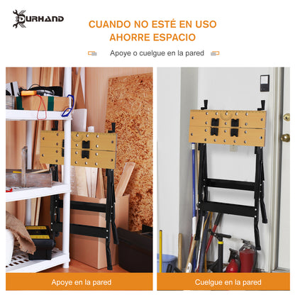 DURHAND Amazonas: Bancada de trabalho dobrável Mesa de trabalho portátil com 4 grampos Buracos para serra Uso doméstico Ferro para trabalhar madeira Suporte para MDF 70 kg 56x62x75 cm Natural Preto