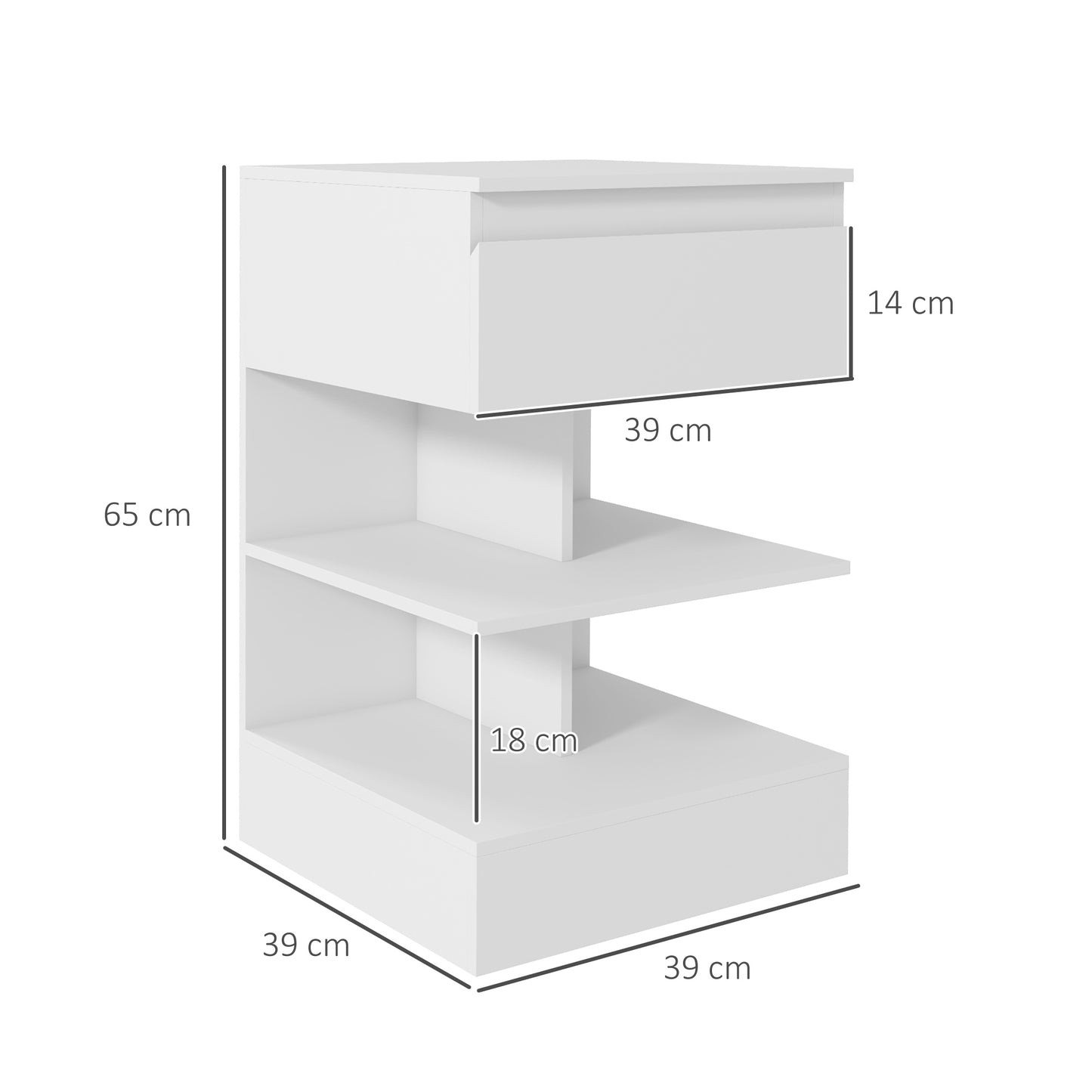 HOMCOM Mesa de Cabeceira Mesa Auxiliar com 1 Gaveta e 2 Prateleiras Abertas para Quarto Sala Cama Escritório Estilo Moderno 39x39x65 cm Branco