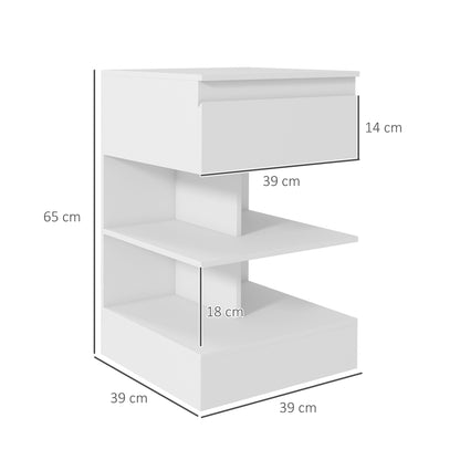 HOMCOM Mesa de Cabeceira Mesa Auxiliar com 1 Gaveta e 2 Prateleiras Abertas para Quarto Sala Cama Escritório Estilo Moderno 39x39x65 cm Branco